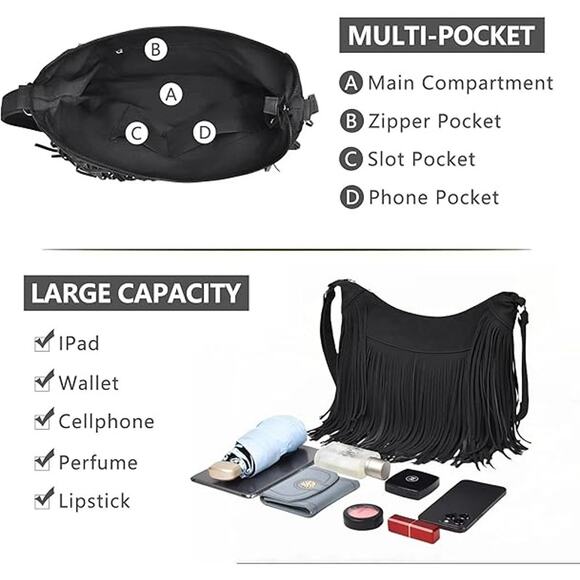 New Black Faux Suede Fringe Hobo Crossbody Hippie Western Cowgirl Handbag Bag - Picture 3 of 6